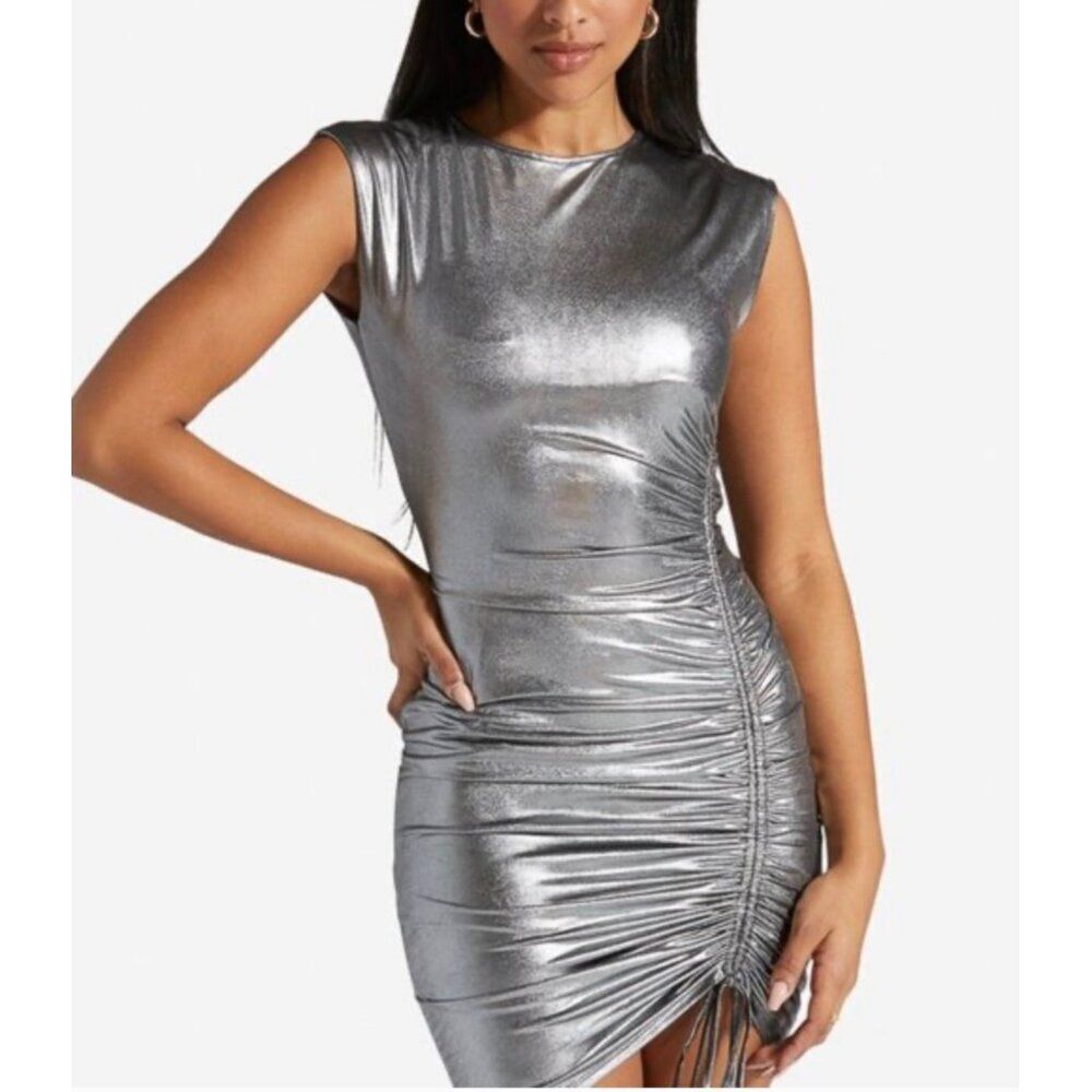 Fiestar Women Silver Metallic Side Ruched Bodycon cocktail Dress Size S